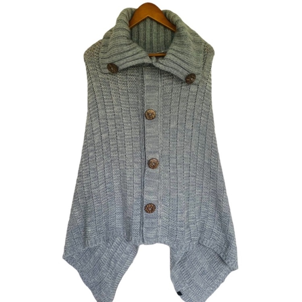 Chic Ruff Gray Cable Knit Shawl Collar Neutral Coastal Grandma Poncho OS